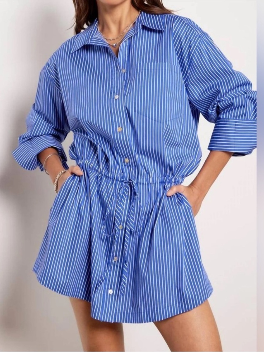 Pistola Lucinda Shirt Dress XS Blue White Stripe Cinched Waist Relaxed Fit*V15
